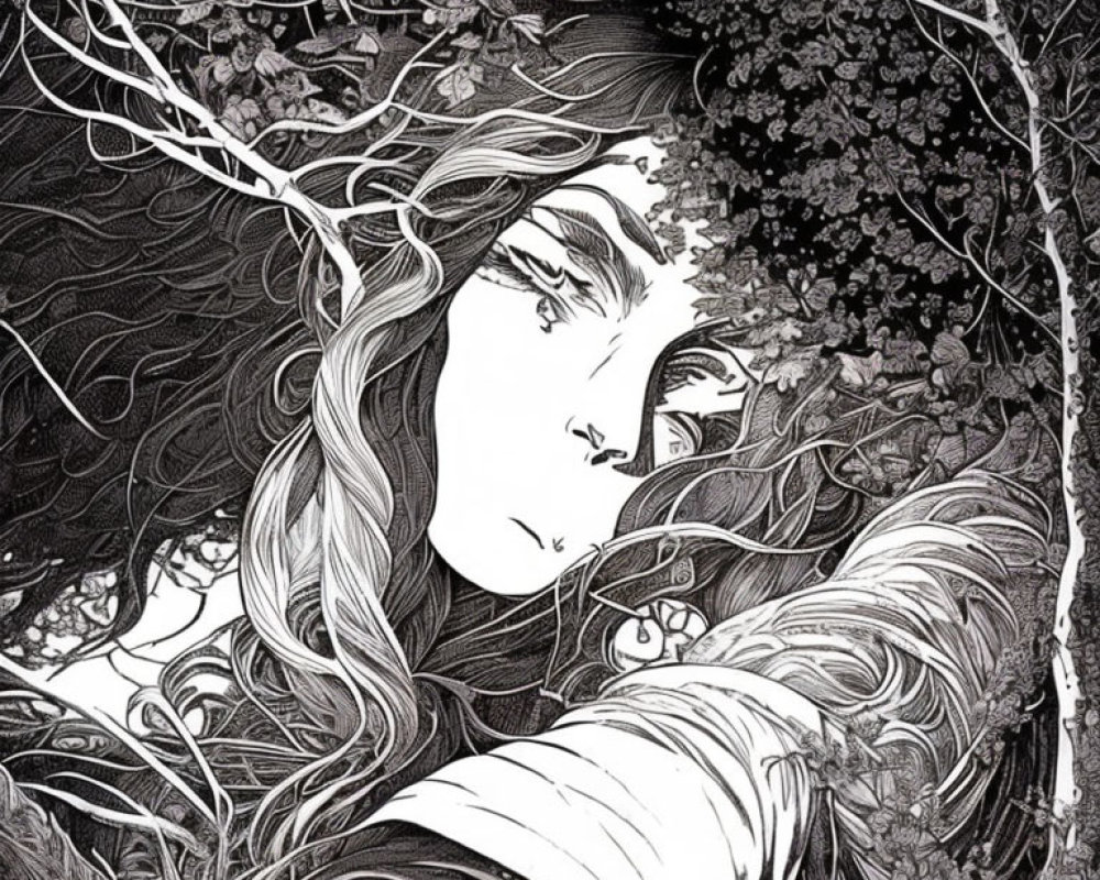 Monochrome illustration of woman's face with flowing hair and tree branches
