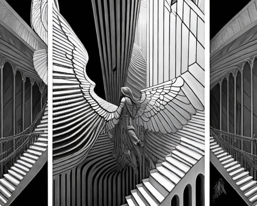 Monochrome artwork of winged figure on surreal staircase