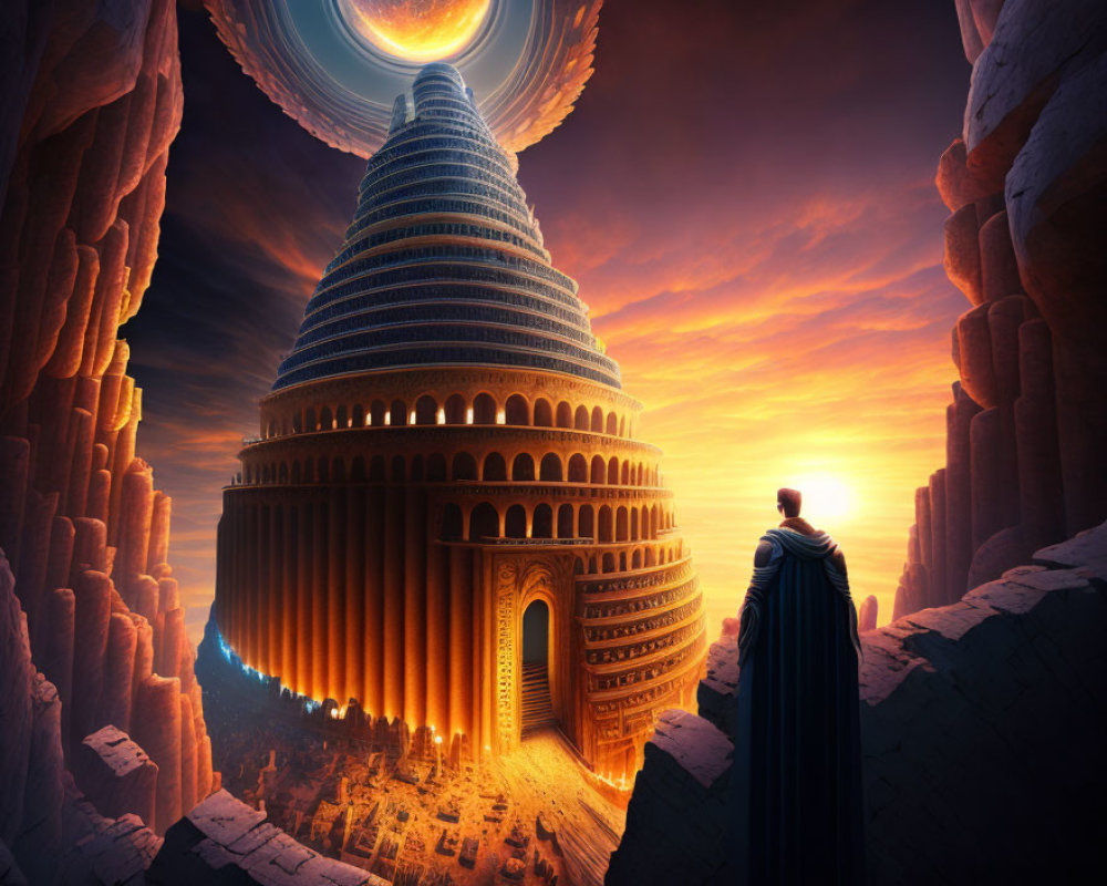 Mysterious figure in cloak near futuristic spiral structure