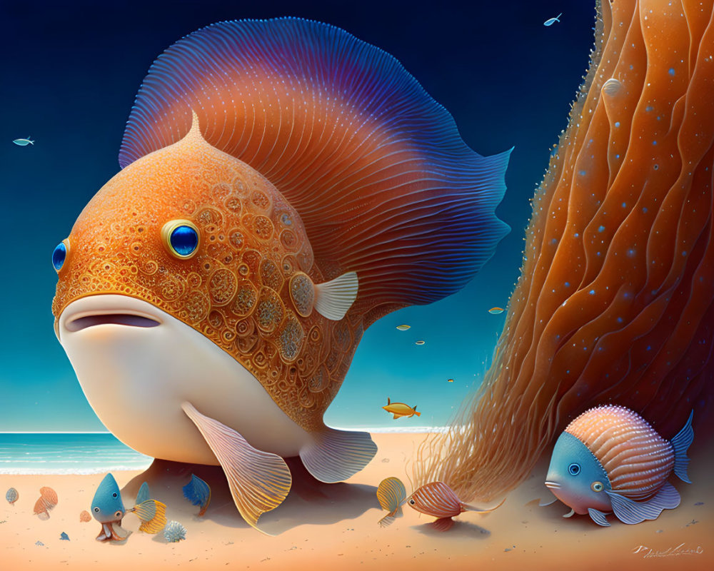 Whimsical oversized orange fish with intricate patterns in underwater scene
