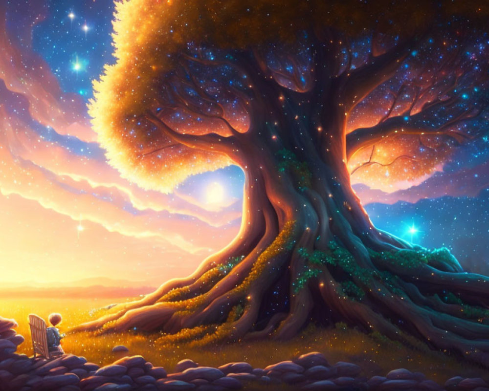 Person sitting under glowing autumn tree in twilight sky with stars.