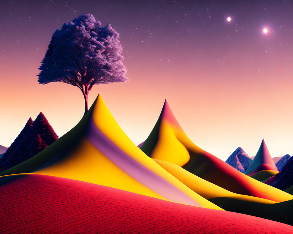 Surreal landscape with multicolored hills, two moons, and lone tree