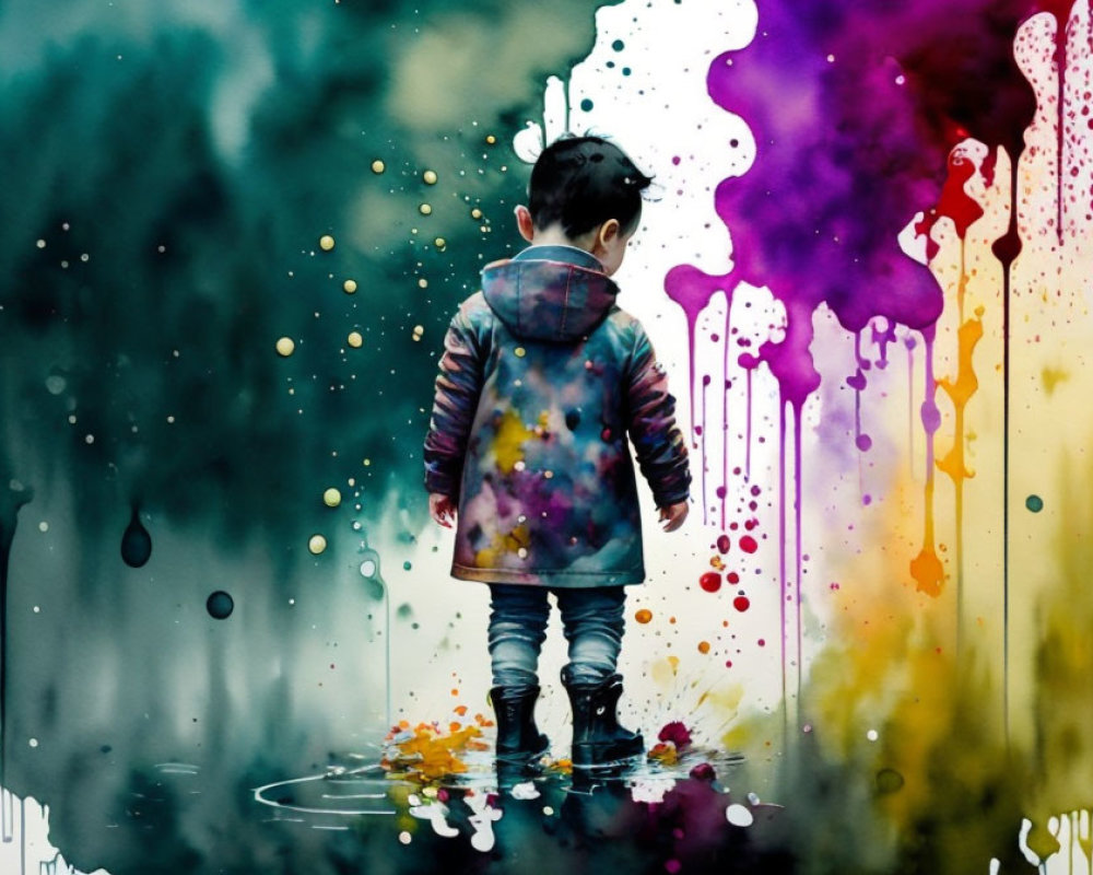 Child in Colorful Jacket Stands Before Vibrant Paint Droplets
