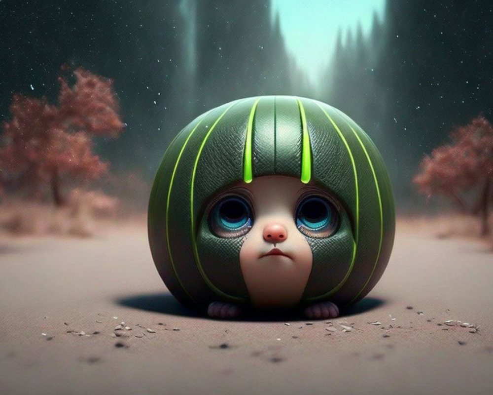 Stylized digital illustration of cute creature in mystical forest