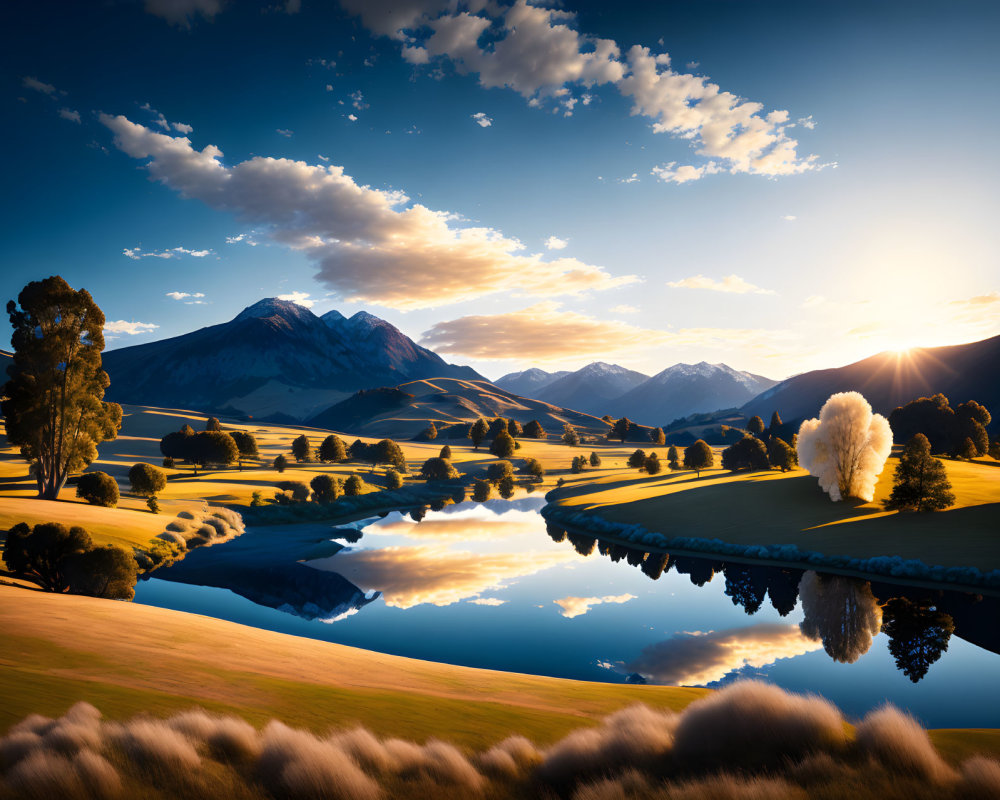 Tranquil Lake Reflecting Mountains and Trees at Sunrise or Sunset