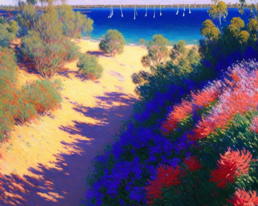 Colorful Coastal Landscape Painting with Flora, Sea, and Sailboats