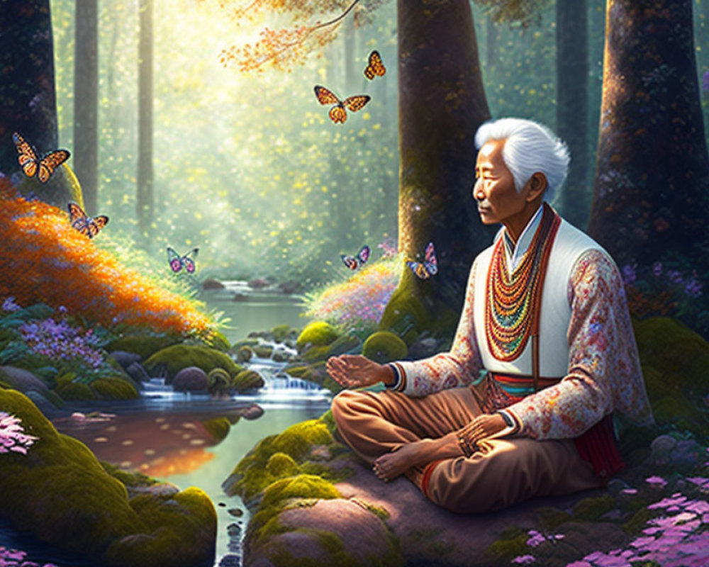 Elderly Person Meditates in Serene Forest with Butterflies and Tranquil Stream