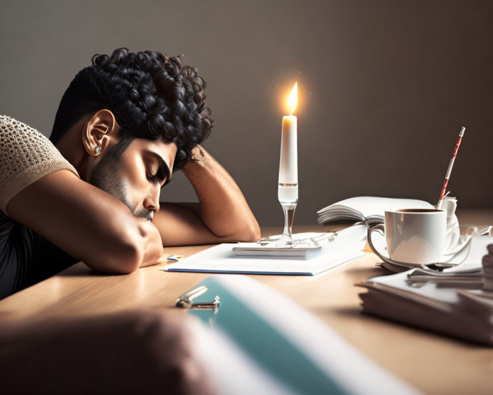 Person resting head on desk with candle, books, coffee, and writing materials depicting late-night fatigue.