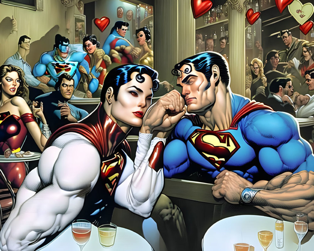 Superhero Arm-Wrestling Illustration in Lively Bar