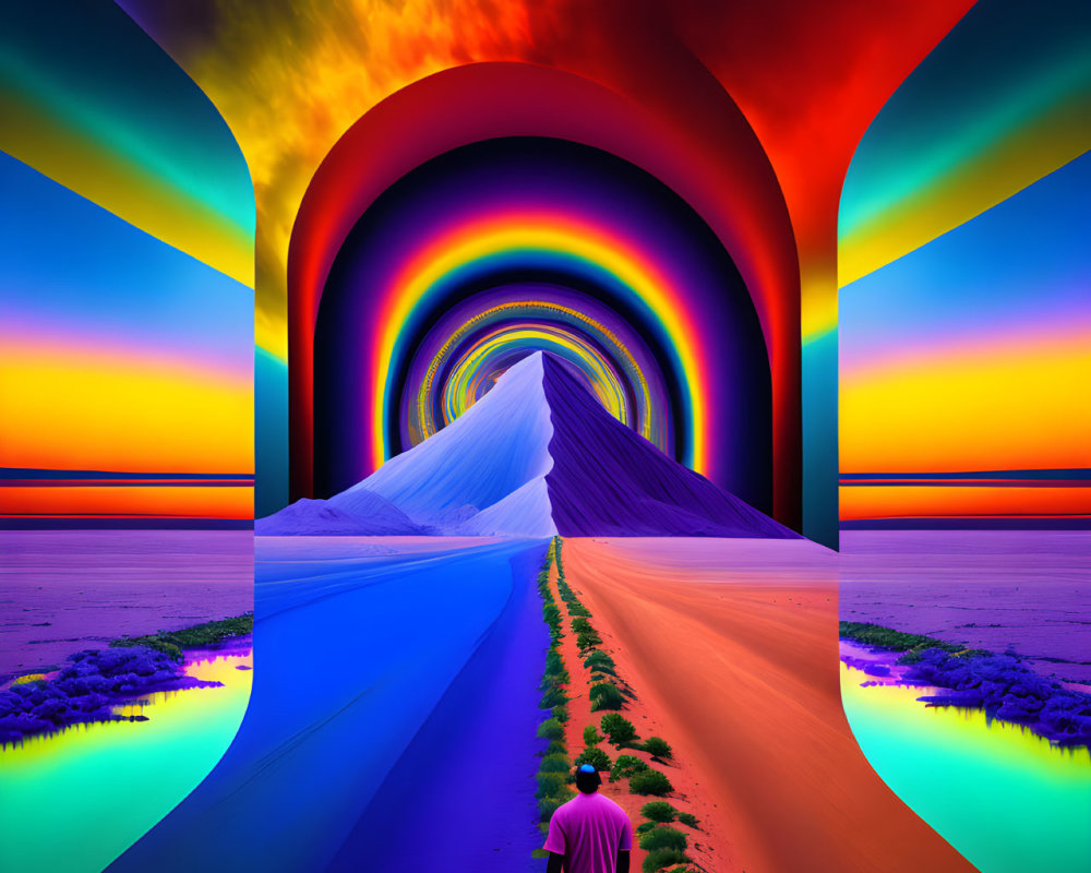 Person walking towards vibrant multicolored tunnel portal against dramatic sunset and surreal landscape