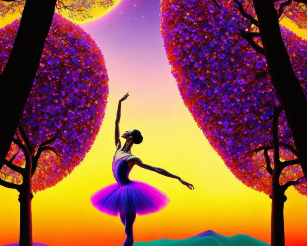 Graceful ballerina in purple tree landscape under glowing moon
