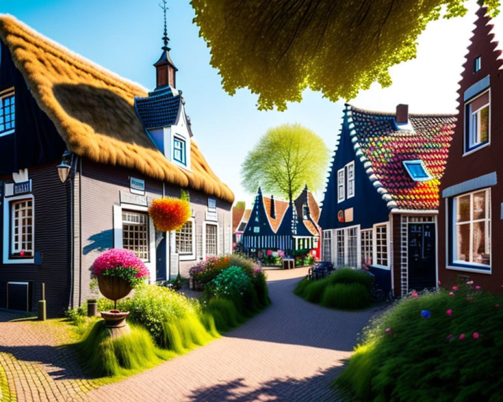 Traditional European village street with thatched roofs and colorful houses under sunny sky.