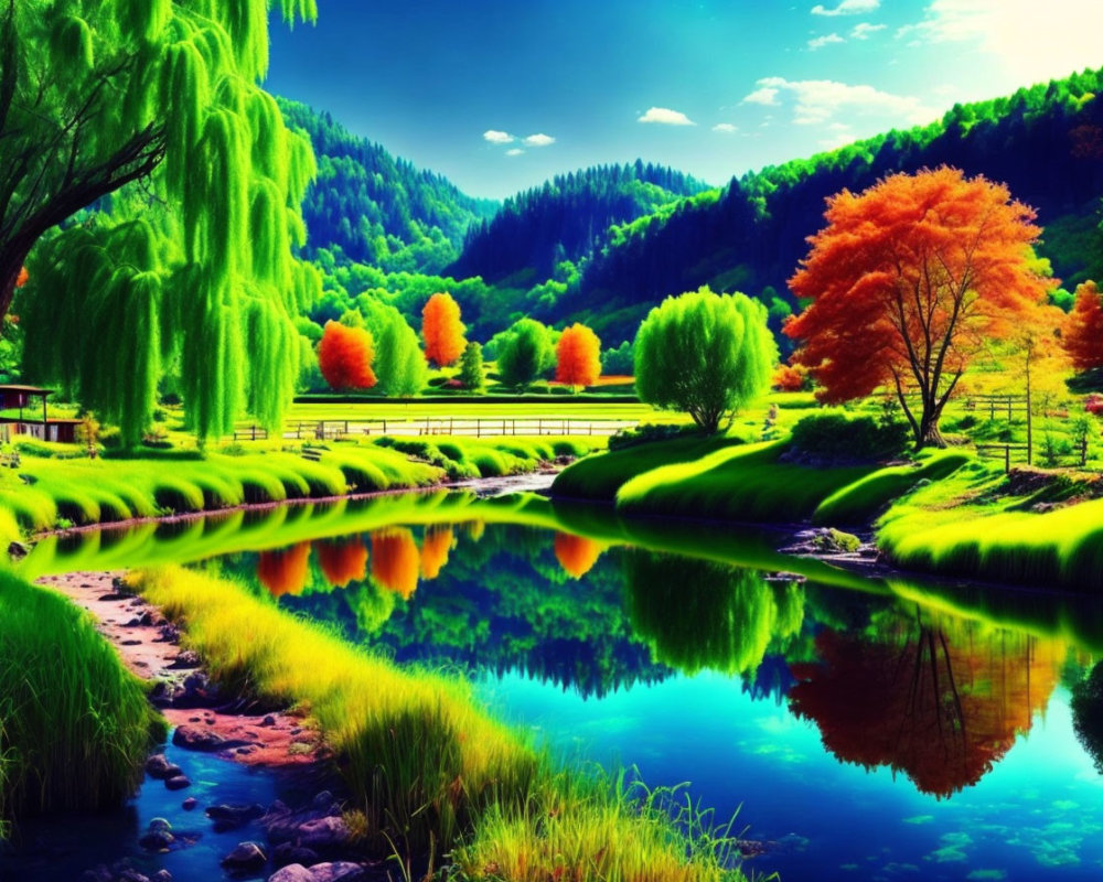 Scenic landscape with river, green and red-orange trees, bridge, and blue skies