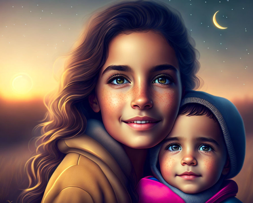 Smiling girl and boy with hoodie under crescent moon at twilight