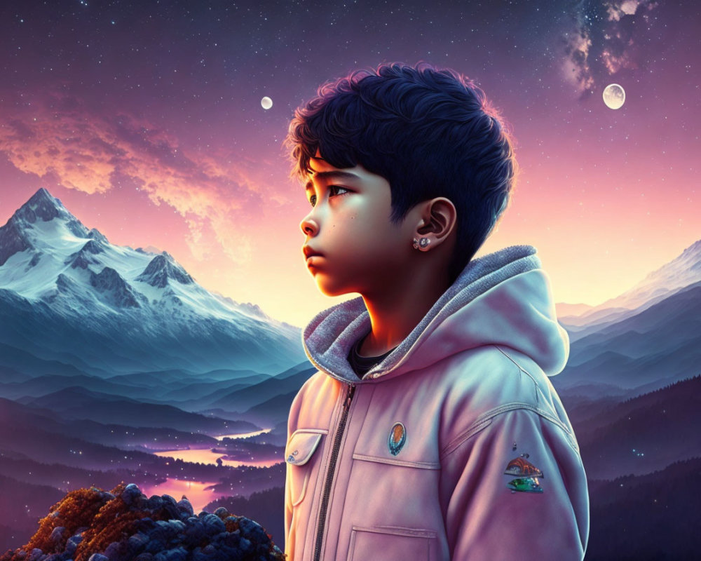 Child admires twilight sky with two moons and snowy mountains