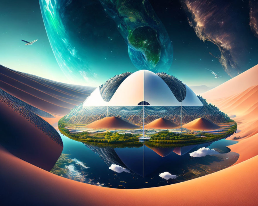 Futuristic dome structure in desert oasis with surreal sky view