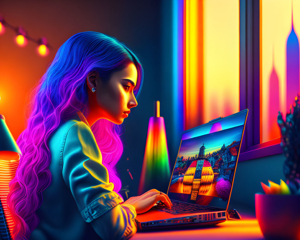 Blue-haired woman working on laptop at night surrounded by neon lights and cityscape screensaver.