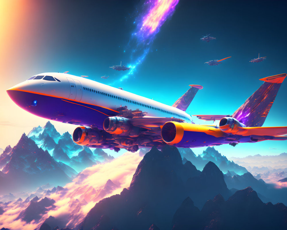 Colorful digital art: Low-flying airplane over vibrant mountain peaks