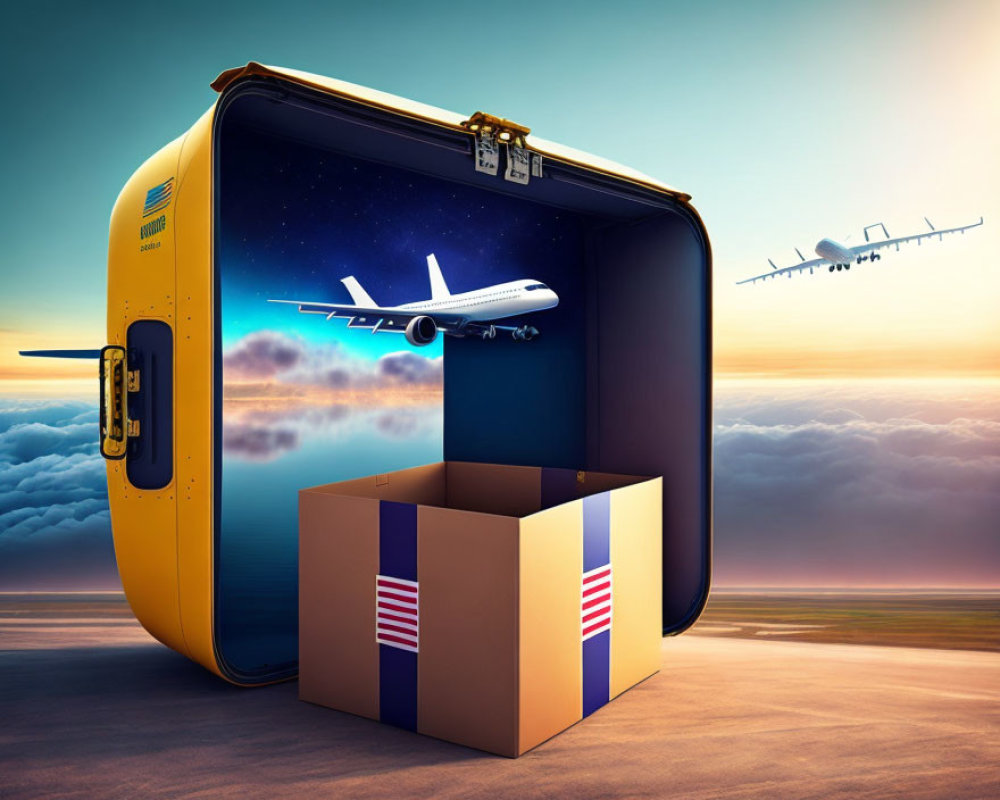 Surreal image: open suitcase with plane taking off at sunset next to air mail box