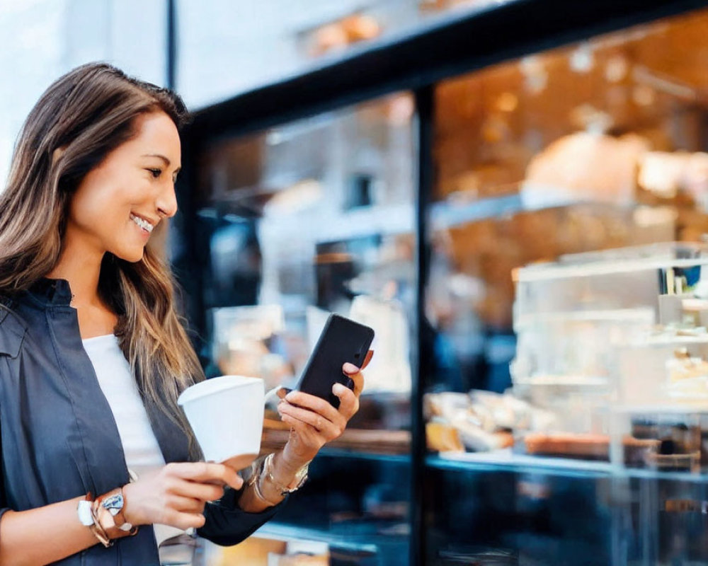 Smiling woman with coffee cup at bakery window
