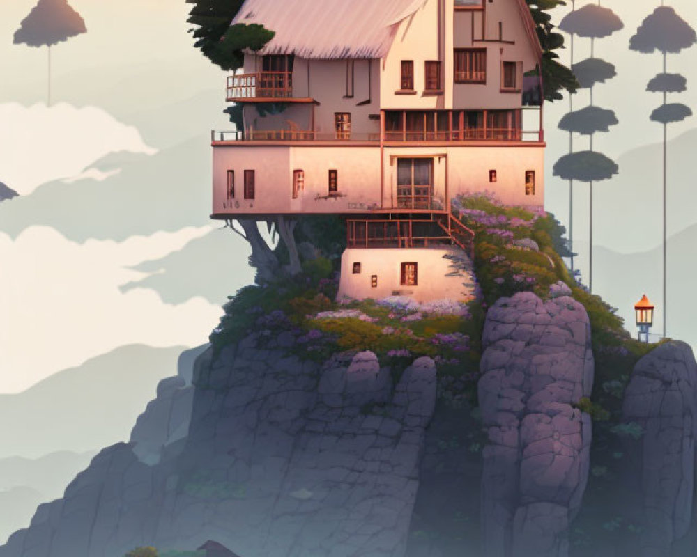 Illustration of whimsical multi-story house on rocky pinnacle with floating trees in golden light