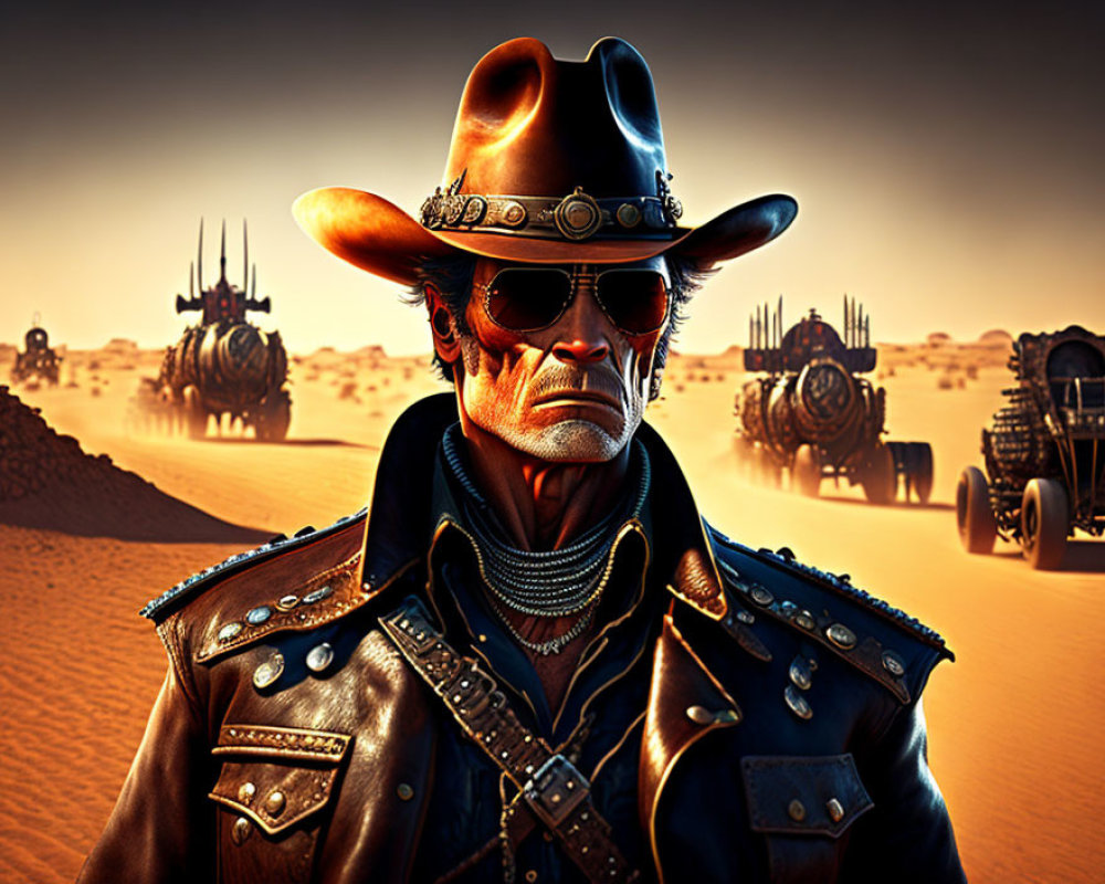 Cowboy in post-apocalyptic desert with futuristic vehicles
