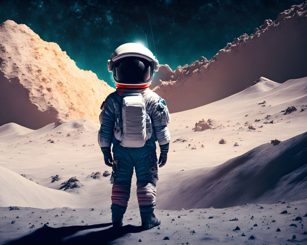 Astronaut on rocky lunar surface with Earth and star-filled sky