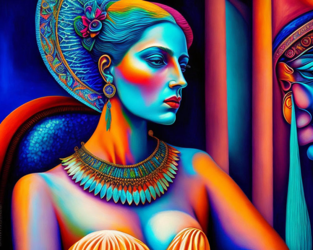 Colorful portrait of a woman with stylized features and vibrant hues.