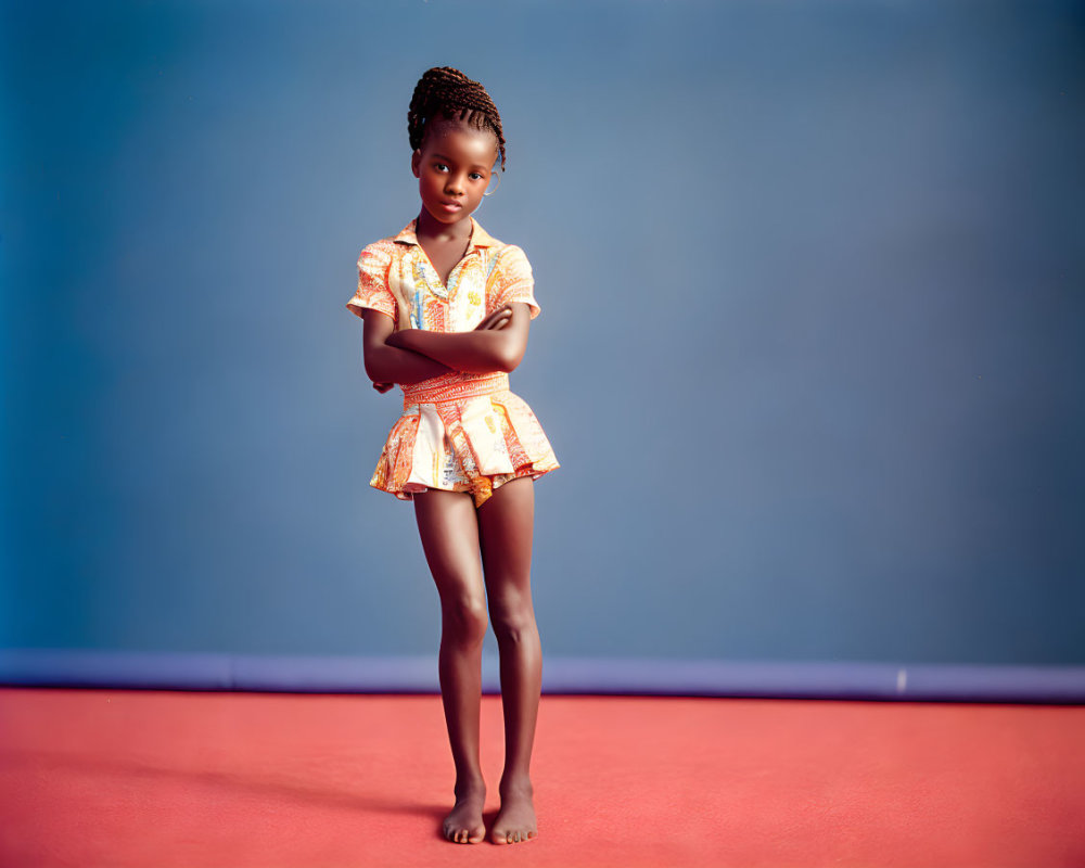 Young girl with braided hair in patterned outfit on red floor against blue background