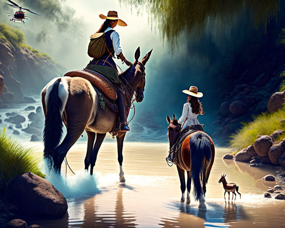 Cowgirls on horses crossing river with small dog in serene nature