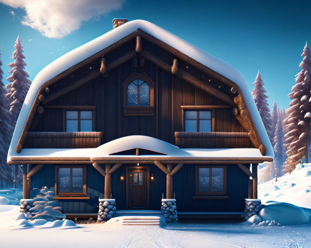 Snow-covered wooden cabin in twilight snowy landscape