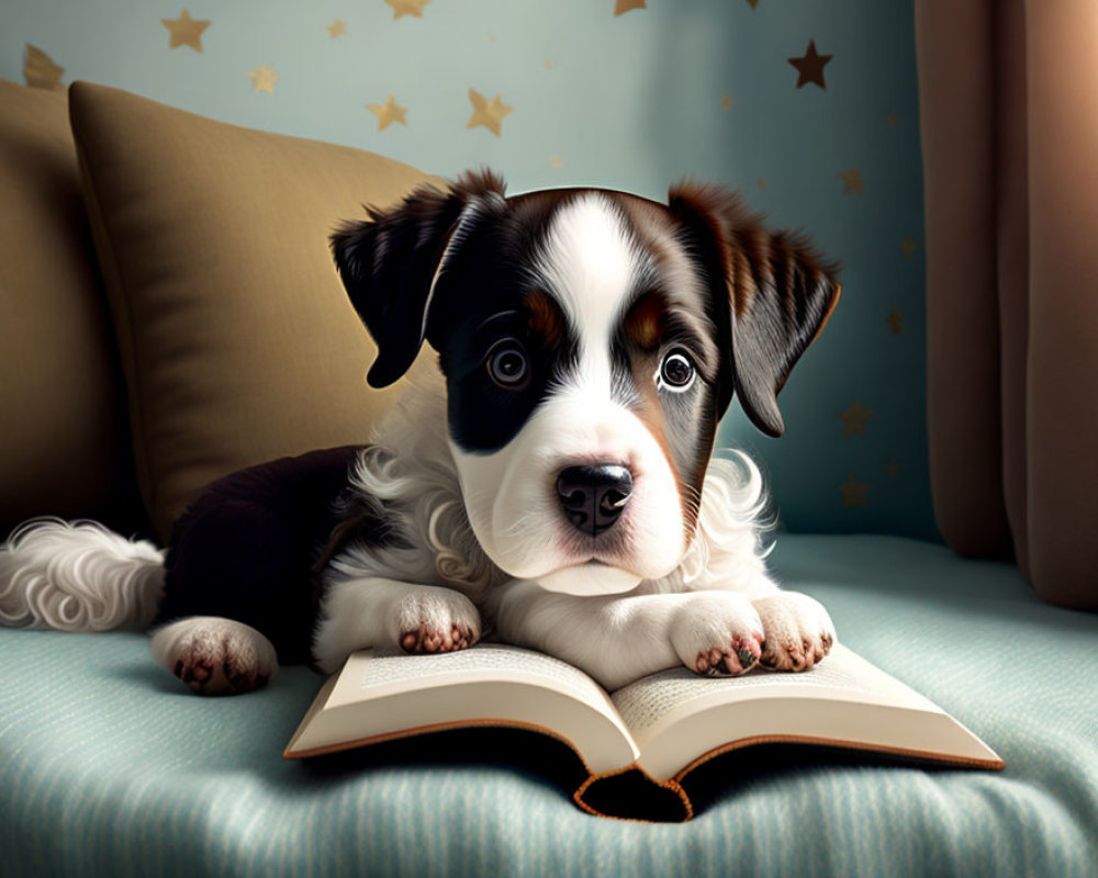 Adorable black and white puppy on book with starry blue background