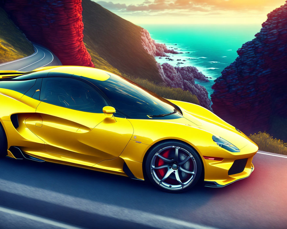 Yellow sports car driving coastal road at sunset
