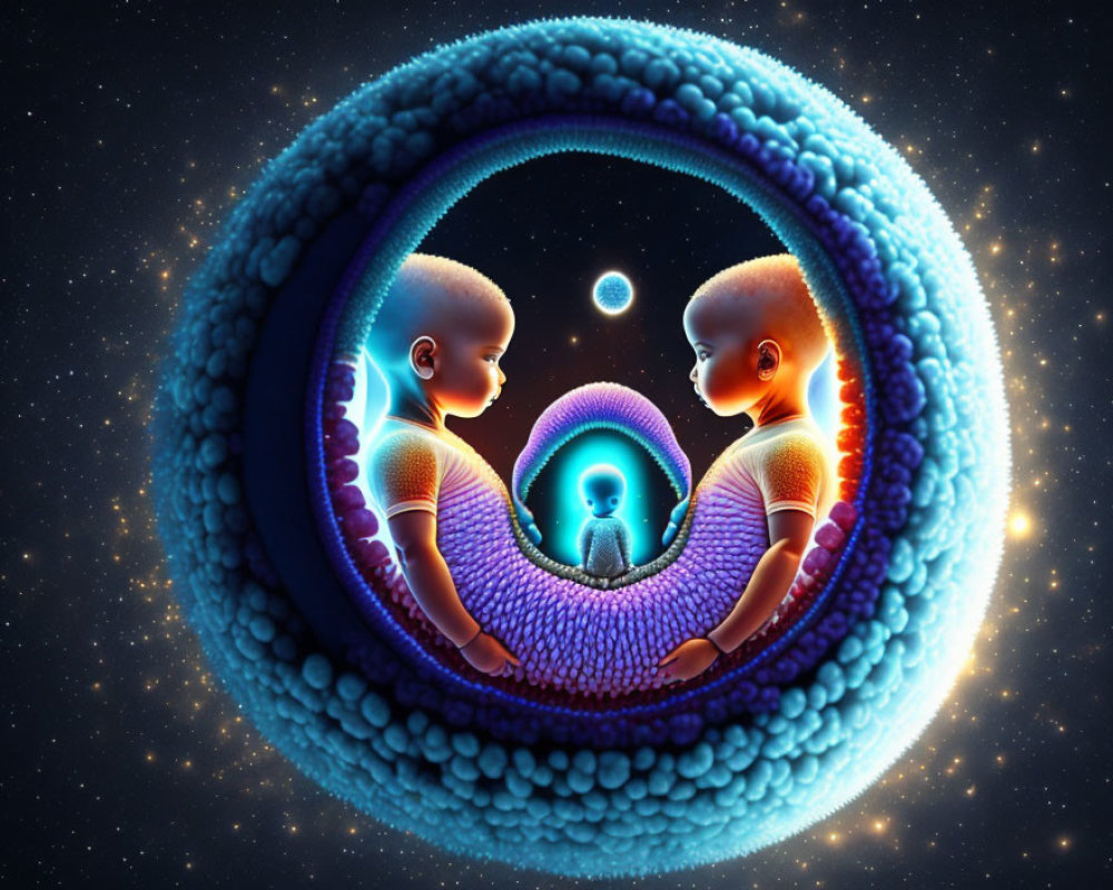 Surreal digital artwork: Bald humanoid figures in cosmic setting