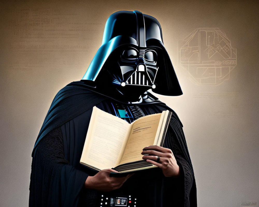Person in Darth Vader costume holding open book against beige background with schematics and text.