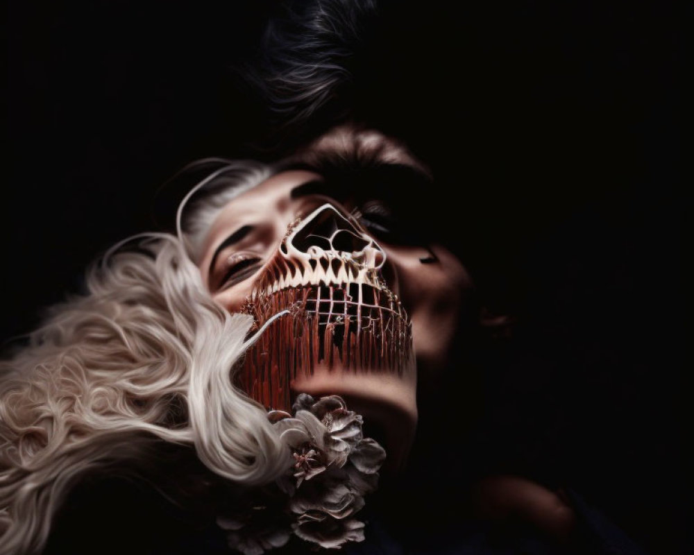 Person with Wavy Hair and Dark Makeup Lying Down with Skeletal Hand Prop