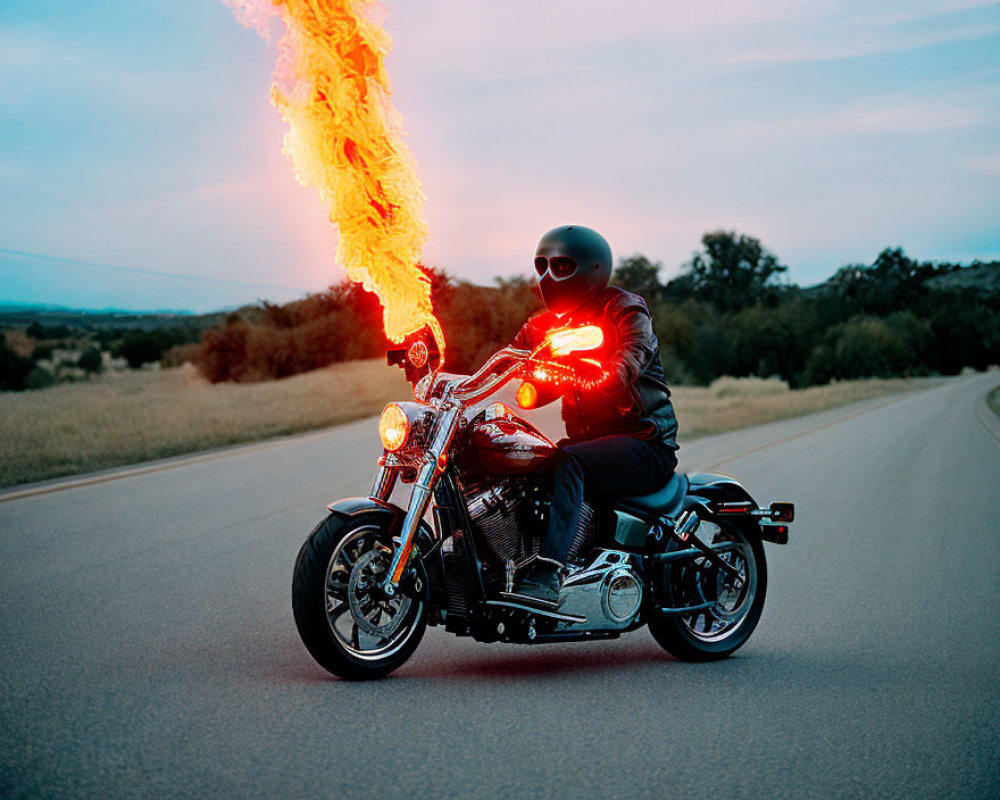 Person in Black Riding Motorcycle with Dramatic Flame Trail at Twilight