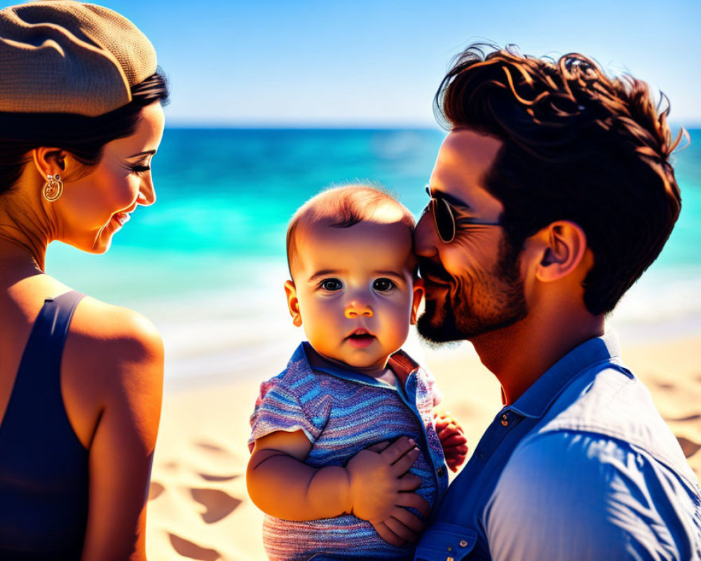 Digital artwork: Stylish family on sunny beach with man holding baby