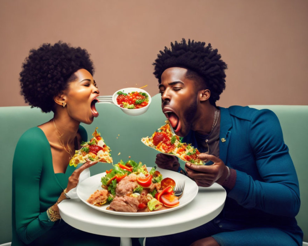 Couple eating meal with open mouths on pink background