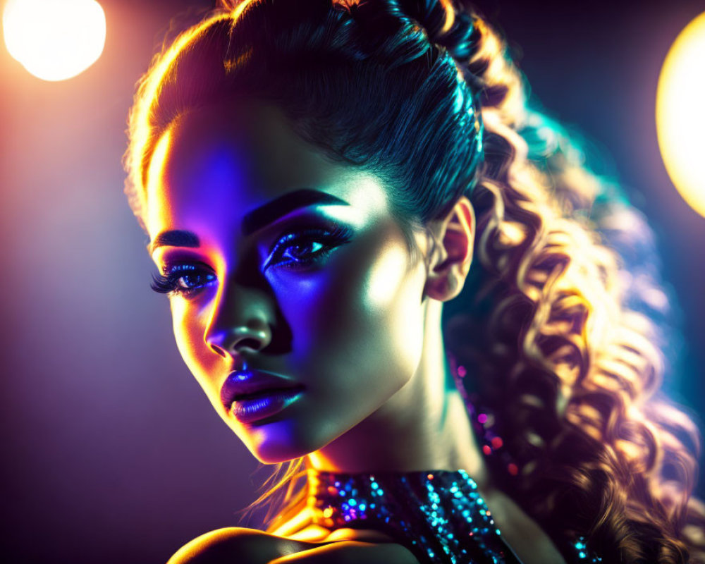 Woman with dramatic makeup and curly hair under neon lights