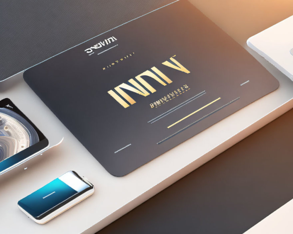 Sleek laptop, smartphone, and wristwatch on reflective surface