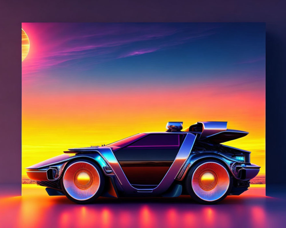 Futuristic car with neon lights under vibrant sunset sky