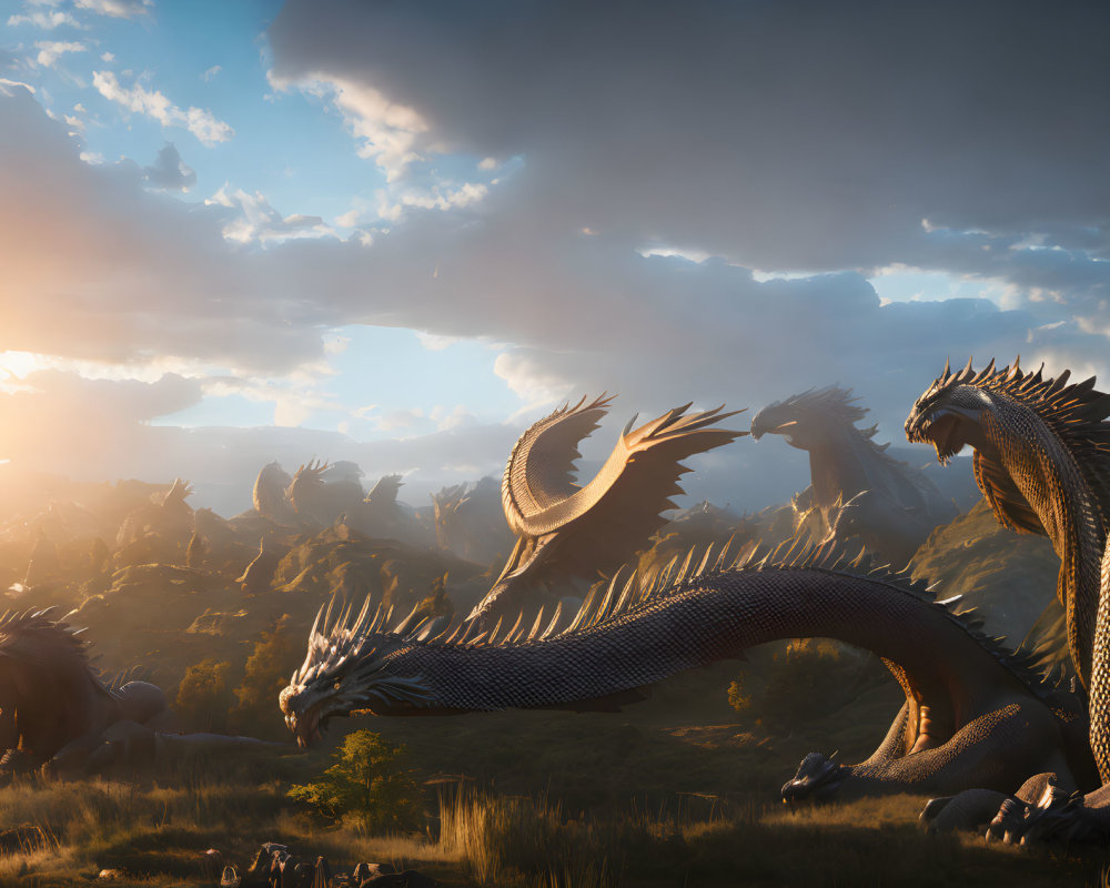 Majestic dragons in serene landscape with golden sunlight