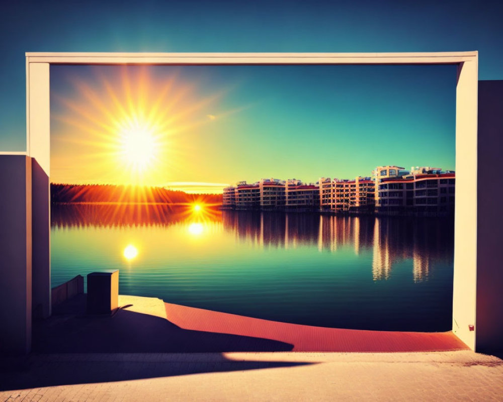Scenic sunset with sunbeams over calm lake and architectural frame.