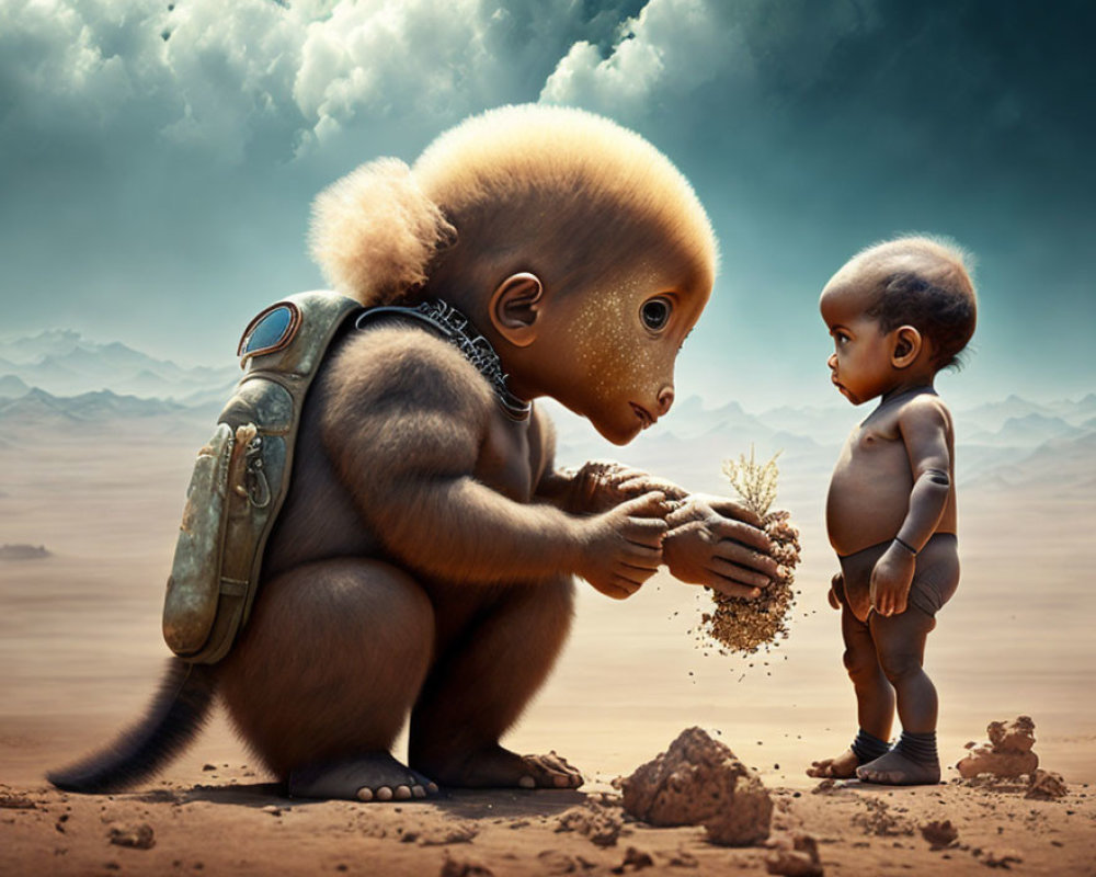 Baby and monkey-like creature with backpack exploring plant in desert landscape