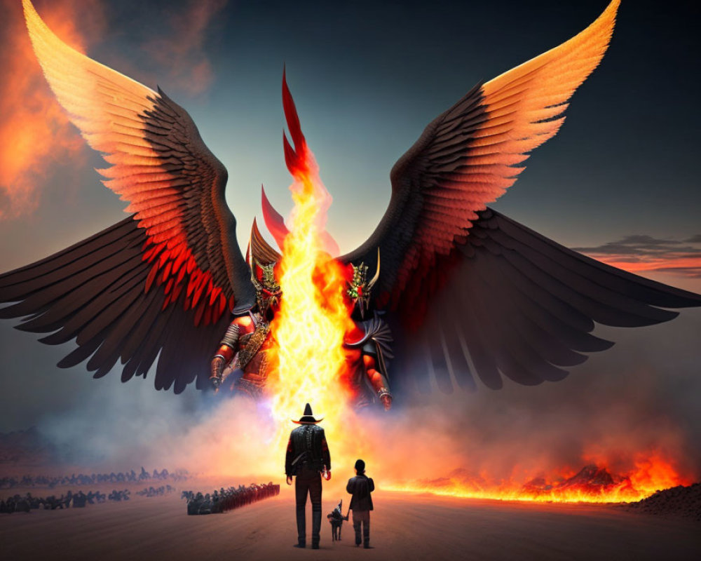 Person, dog, fiery winged creature, desert, fiery trench, army in epic fantasy illustration.