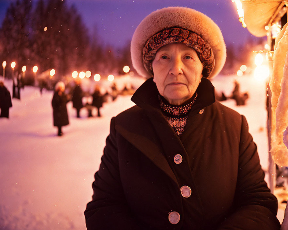 Elderly Person in Snowy Dusk Setting with Glowing Lights