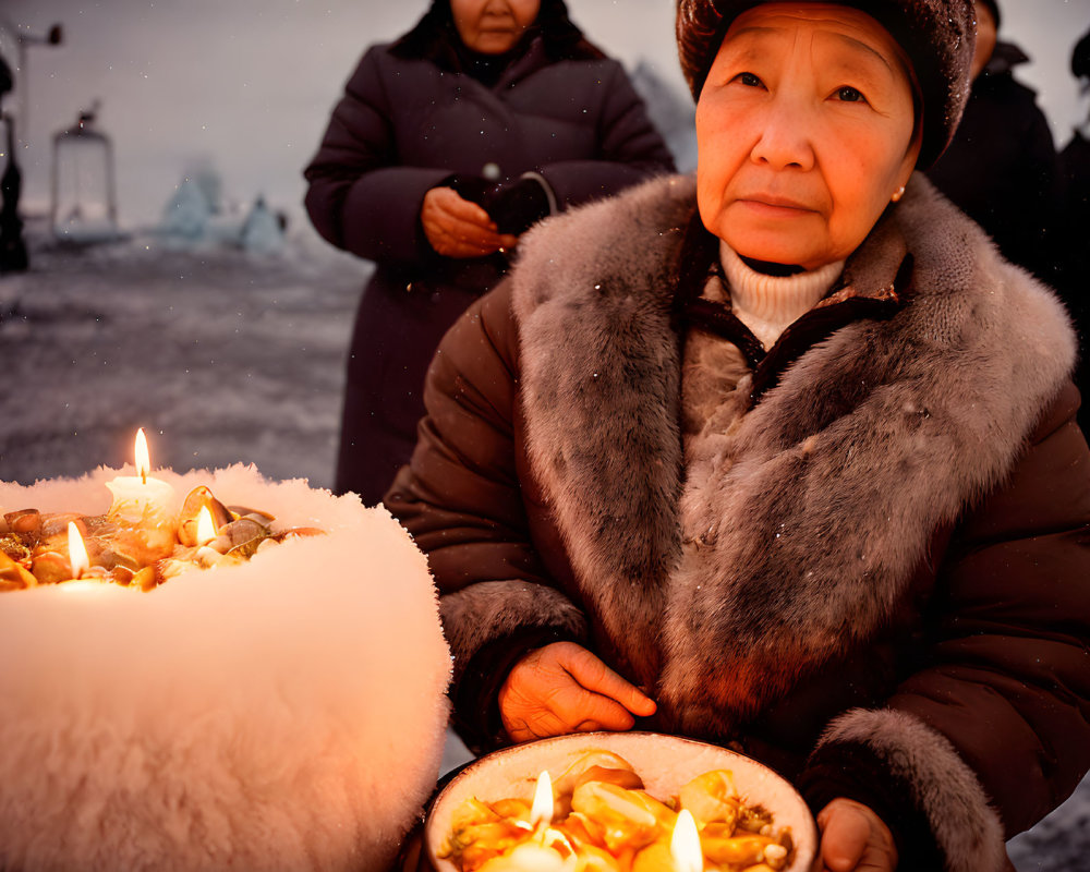 Elder person with lit candles in snowy setting