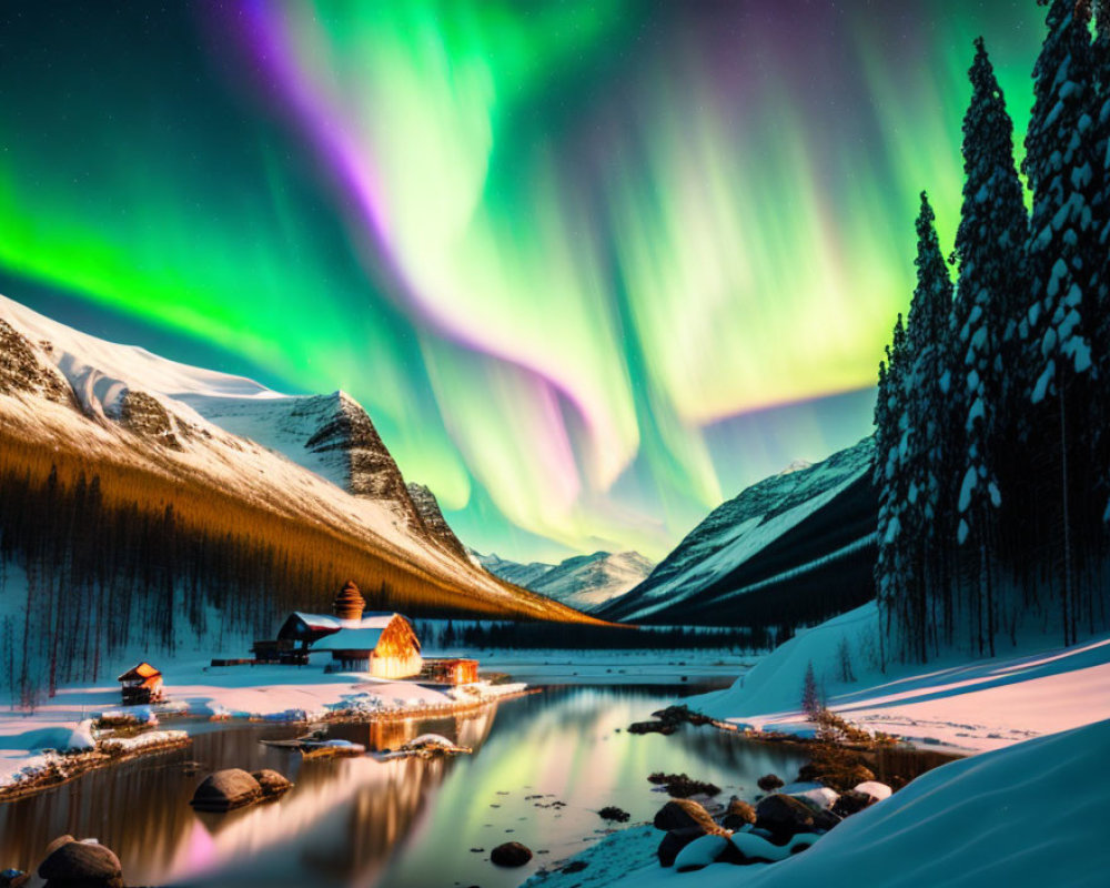 Northern Lights over snowy mountains, lake, cabin & trees