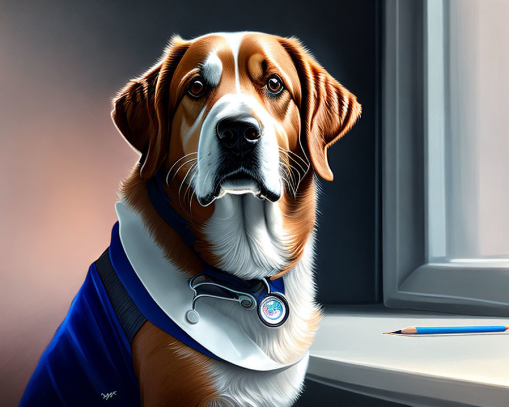 Illustration of dog in scarf and stethoscope with pencil and window.